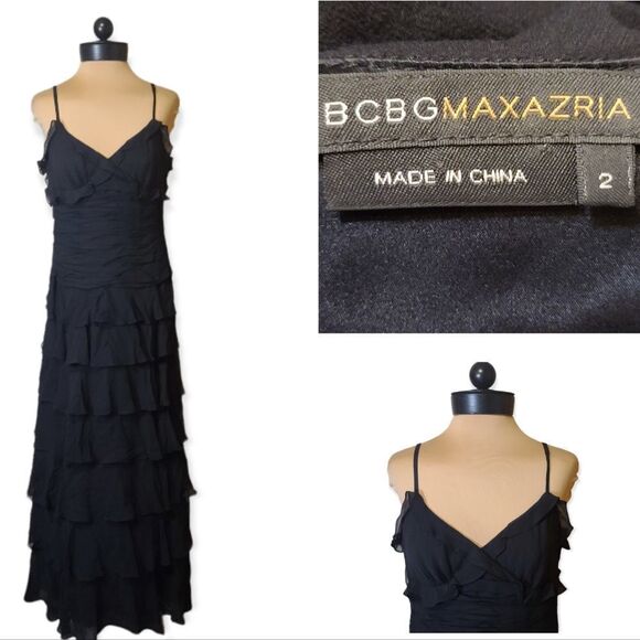 BCBGMaxAzria Black Silk Ruffled Gown Maxi Dress Size 2 - Picture 1 of 9
